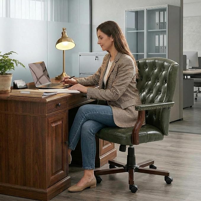 Executive Office Chair, Ergonomic Faux Leather Desk Chair with Wingback Design, Swivel Adjustable Home Office Chair for Computer Desk, Comfortable Task Chair for Home Office, Dark Green