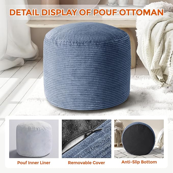 26" x 26" x 18" Pouf Ottoman Foot Rest, Pre-Stuffed Round Foot Stool with Odorless Shredded Memory Foam, Furry & Fluffy Corduroy Footrest for Living Room, Navy