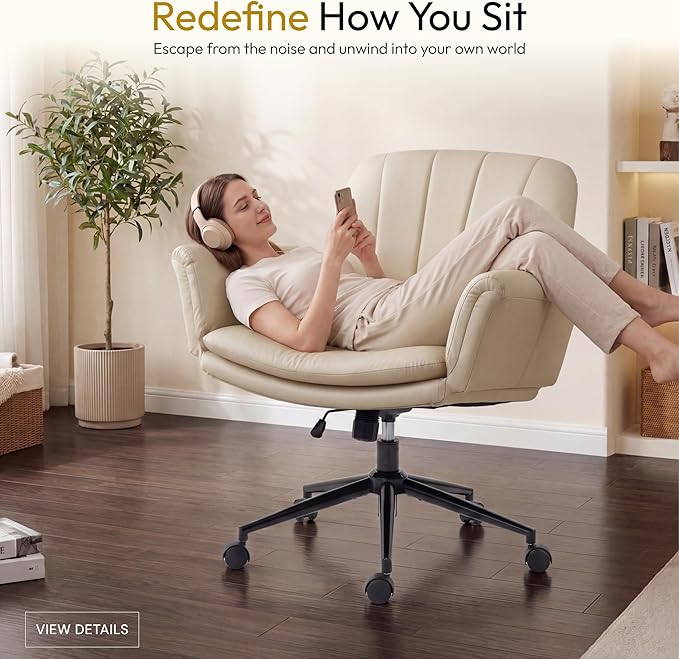 Dowinx Criss Cross Chair with Five-Level Adjustable Arms and Wheels - Comfortable Ergonomic PU Leather Swivel Vanity Chair - Computer Makeup Gaming Chair for Home Office, Bedroom, Vanity Room (Khaki)