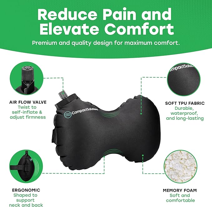Inflatable Lumbar Pillow for Airplane Travel - Travel Lumbar Pillow - Suitable for Men and Women of All Ages - (Free eBook with Tips and Stretches for Travelling with Back Pain)