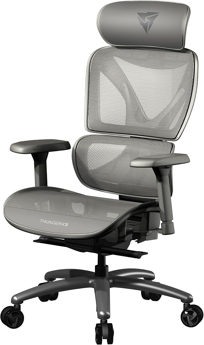ThunderX3 XTC Ergonomic Office Chair, for Adults Gaming Chair, High Back Desk Chair, Synchronous Tilt, Self-Adjusting Lumbar Support and Backrest, Adjustable Headrest, Breathable Mesh, Grey