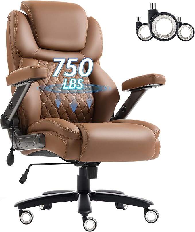 Big and Tall Office Chair 750lbs, Executive Office Chair with Adjustable Headrest&Lumbar Airbag Support, PU Leather High Back Heavy Duty Desk Chair 5D Flip Arms, Ergonomic Thick Spring Cushion, Brown
