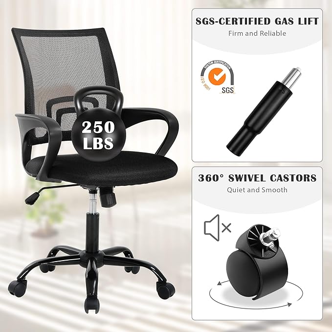 MKDLUFEI Modern Black Office Chair, Ergonomic Mesh Back with Lumbar Support, Adjustable Height, Breathable Mesh, 250 lbs Capacity
