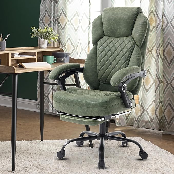 400lbs Ergonomic Reclining Office Chair with Footrest, Plus Size Big Tall Leather Recliner Office Desk Chairs with Foot Leg Rest, Green