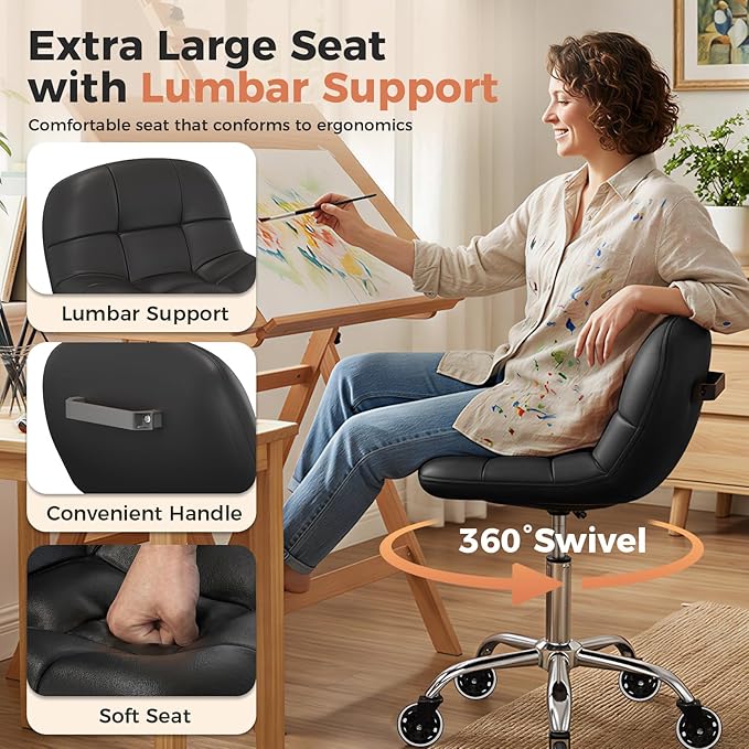 Rolling Stool Chair with Wheels, Height Adjustable Stool with Back Support, Office Drafting Chair with PU Leather Cushion for Home Office Kitchen Vanity Salon Garage Tattoo Dentist Esthetician(Black)