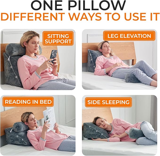 Cheer Collection Reading Wedge Pillow - Adjustable Wedge Reading Pillow with Neck Support, Hollow Fiber-Filled Backrest Pillow for Reading, Gaming, and TV Watching, Gray