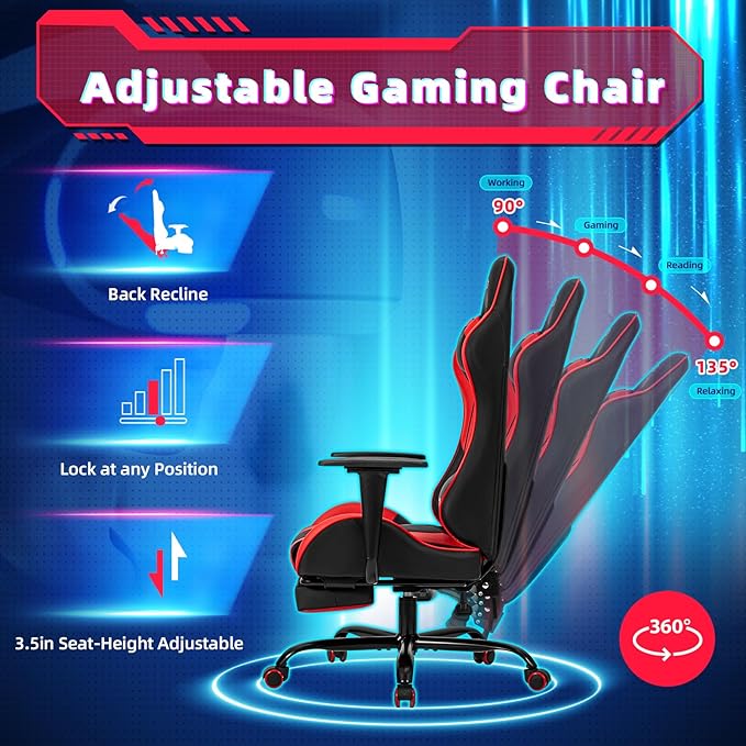 ECOTOUGE PC Massage Gaming Chair with Footrest Ergonomic Office Desk Chair Racing PU Leather Recliner Swivel Rocker with Headrest and Lumbar Pillow,Red