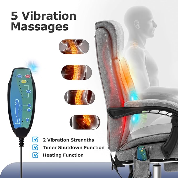 TonghuaS Massage Office Chair with Foot Rest Vibration and Heating, 90-130° Reclining Desk Chair, Ergonomic Reclining Computer Gaming Fabric Chair(Grey)