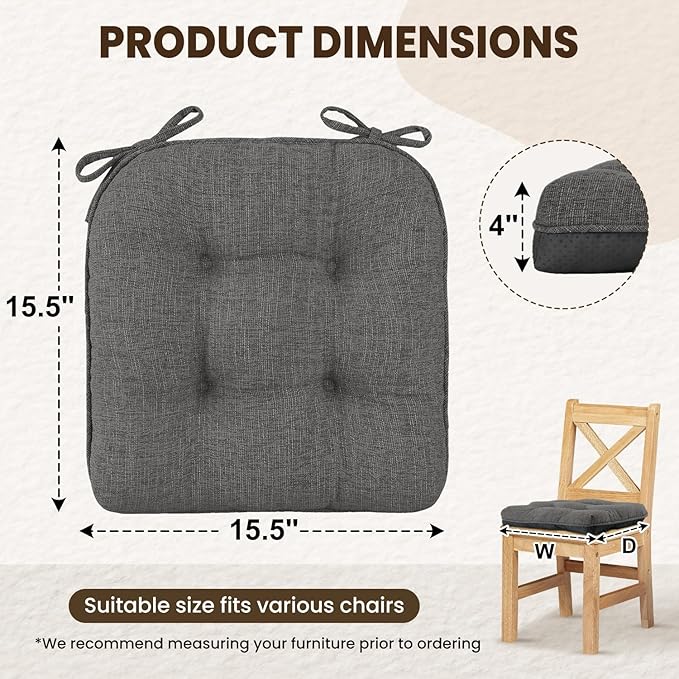 downluxe Indoor Chair Cushions for Dining Chairs, Tufted Overstuffed Textured Foam Kitchen Chair Pads with Ties and Non-Slip Backing, 15.5" x 15.5" x 4", Dark Grey, 4 Pack
