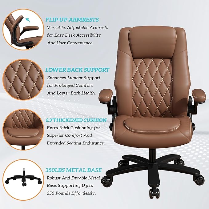 GYI Office Chair, Ergonomic Computer Desk Chair, Leather Executive Office Chair with High Back, Lumbar Support, Flip-up Arms, Wide and Thick Padded Seat, Heavy Duty Base, Rubber Wheels, Brown