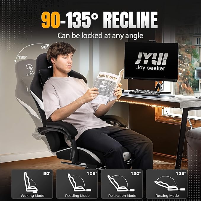 GTPLAYER Gaming Chair with Foot Rest & Pocket Spring Cushion, Breathable Fabric for Home Office Desk, Ergonomic High Back Computer Chair with Headrest & Lumbar Support, Black