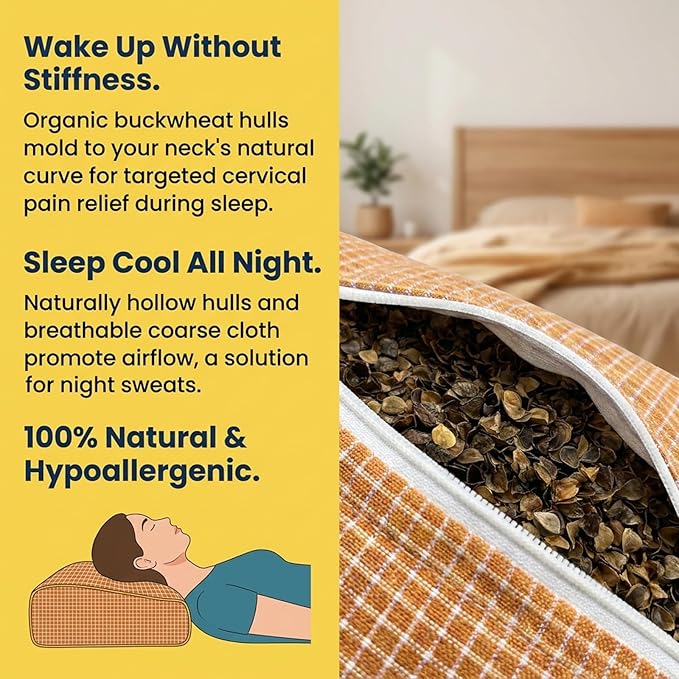 Adjustable Buckwheat Hull Pillow for Neck Pain Relief (21x8x4) Natural Cooling Cervical Support Camping Pillow for Side & Back Sleepers with Night Sweats (xiaoge Orange)
