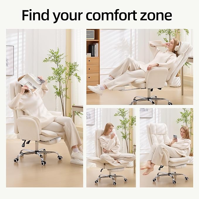 TonghuaS Criss Cross Office Desk Chair with Foot Rest and Flip Armrests for Pets Friendly & Extra Space, Ergonomic Reclining Gaming Computer Chair with Lumbar Pillow(Chenille Fabric Off-White)