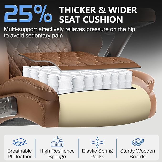 Big and Tall Office Chair 750lbs, Executive Office Chair with Adjustable Headrest&Lumbar Airbag Support, PU Leather High Back Heavy Duty Desk Chair 5D Flip Arms, Ergonomic Thick Spring Cushion, Brown