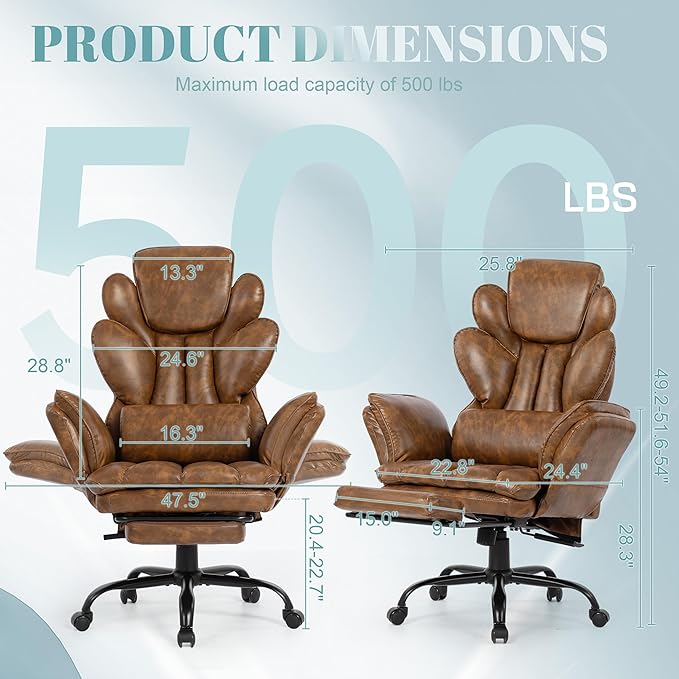 Big and Tall Office Chair, Flip Armrests Criss Cross Office Chair, Reclining Desk Chair with Foot Rest, Adjustable Headrest, Massage Waist Pillow Cross Legged Wide Seat Vanity Chair, PU Leather Brown