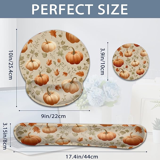 Pumpkin Wrist Rest Support for Mouse Pad Keyboard Set, Autumn Maple Leaves Mouse Pad with Non Slip Rubber Base for Home and Office Typing Support