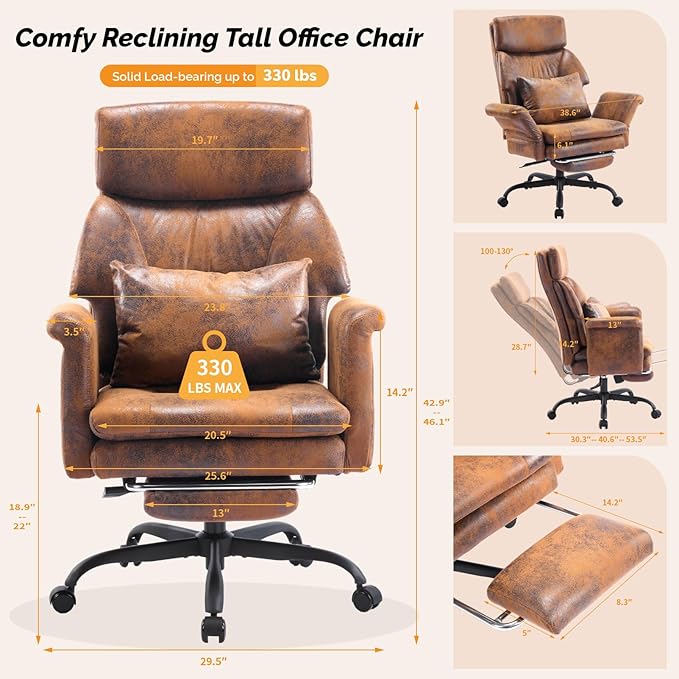VINGLI 100-130° Reclining Tall Office Chair with Foot Rest & Adjustable Armrests, Ergonomic Criss Cross Chair with Wheels & Headrest, Comfy Wide-Seat Gamer Chair for the Heavy, Microfiber, Vintage