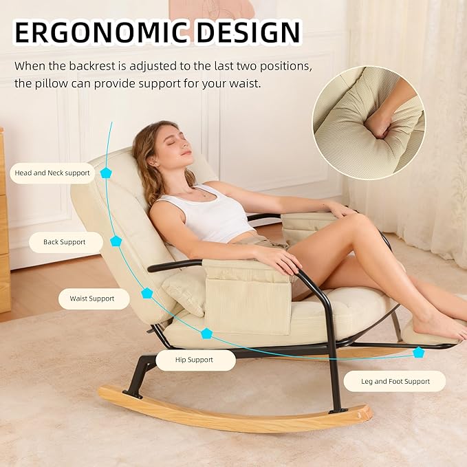 Oversized Reclining Rocking Chair with Foot Rest, 110°–160° Adjustable Backrest, Upholstered Armchair with Side Pocket for Nursery and Living Room, Beige