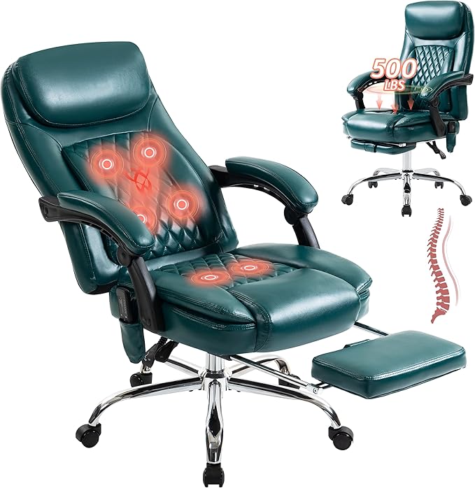 500LBS Massage Office Chair, 6 Points Vibration & Heat Executive Office Chairs, 135°Reclining Comfy Desk Chair with Foot Rest, Wider & Thicker Seat Cushion, PU Leather Big and Tall Gaming Chair, Green