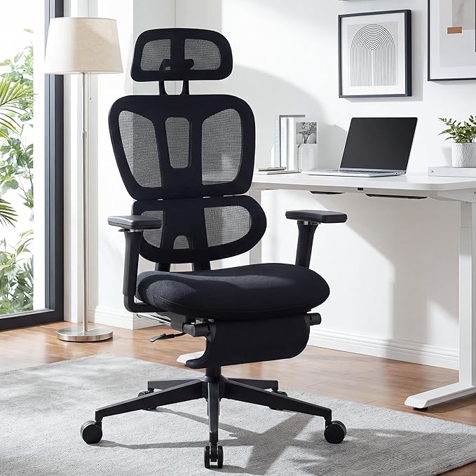 Ergonomic Office Chair with Footrest, 90-135° Reclining High Back Desk Chair with Lumbar Support, 2D Headrest, 4D Armrests, Computer Chair for Long Hours, Black