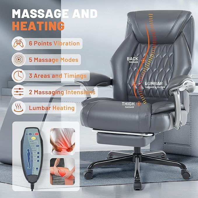 Massage Office Chair with Heat & Foot Rest, 6 Points Vibration, Ergonomic Executive Reclining Desk Chair, PU Leather Padded Seat for Home Office Comfort