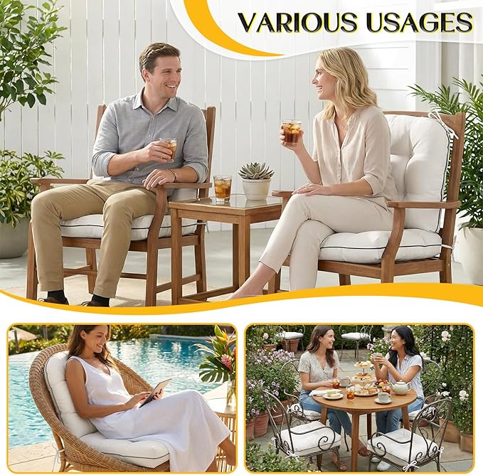 1 MIDDLE ONE Outdoor Chair Cushions Set of 2, Outdoor Cushions for Patio Furniture and Wicker Chair, Memory Foam Patio Seat Cushion Pads with Ties, 19 x 19 Inch (Cream)