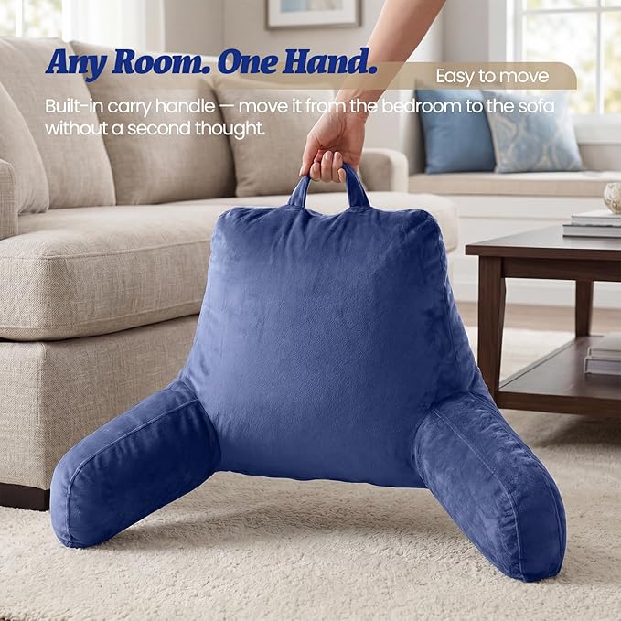 ACH Reading Pillow with Arms for Adults - Adjustable Memory Foam Bed Rest Pillow, Lumbar & Neck Back Support, Soft Velvet Cover Machine Washable, Deep Side Pocket & Carry Handle, Blue