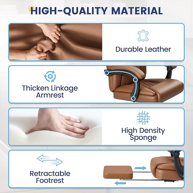 Shahoo Big and Tall Office Chair Height Adjustable Faux Leather Chair with Footrest and Lumbar Support, Ergonomic High Back Computer Chair with 360° Swivel Wheels Task Chairs for Office Home, Brown