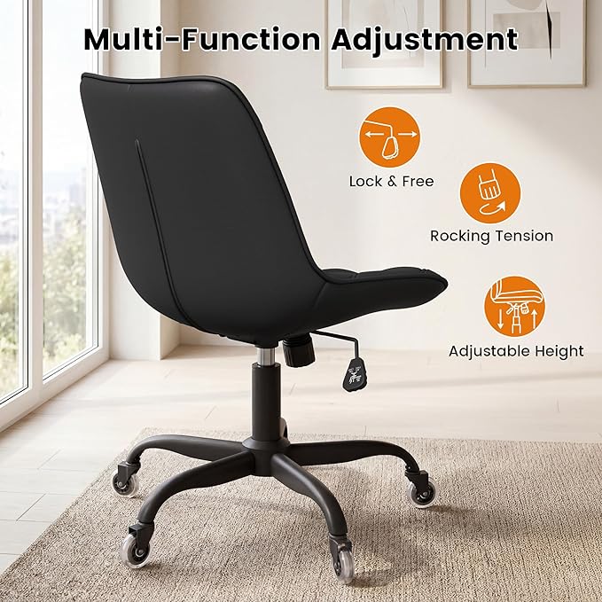Armless Office Chair, Mid Back Modern Desk Chair with Rubber Wheels, 360 Swivel PU Leather Office Chair No Arms, Adjustable Height Small Computer Chair, Armless Desk Chair for Office, Black