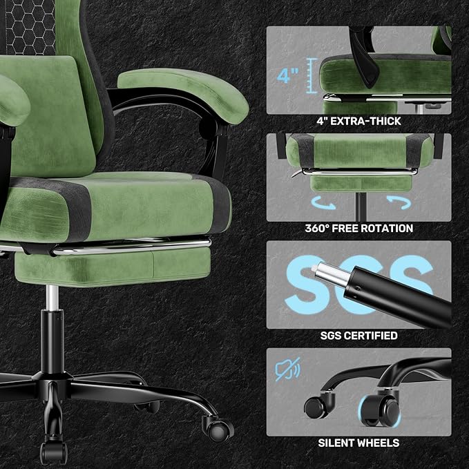 SUKIDA Fabric Video Gaming Chair, Ergonomic High-Back Computer Game Chairs with Large Massage Adjustable Lumbar Support, Headrest and Linked Armrests for Long Hours Sitting Task Chair, Green