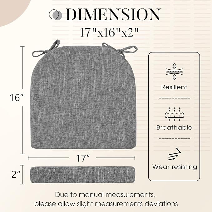 Basic Beyond Chair Cushions for Dining Chairs with Ties and Removable Cover, 2" Thick Seat Cushions for Kitchen Chairs, Set of 4, 17" x 16", Dark Grey