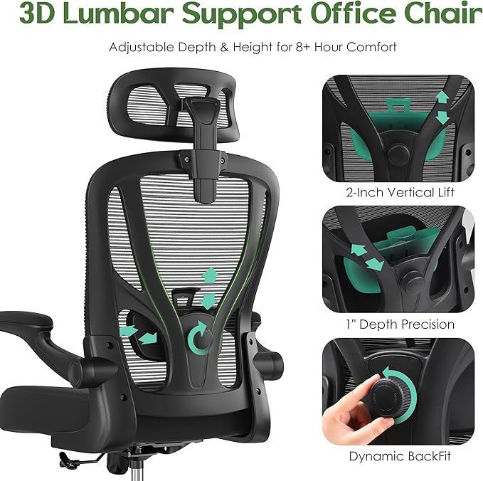 Office Chair Ergonomic Desk Chair - Mesh High Back Office Chair with Headrests Wheels Lumbar Support Home Desk Office Chairs Flip up Armrest Executive Rolling Computer Chair Black 2 Pack