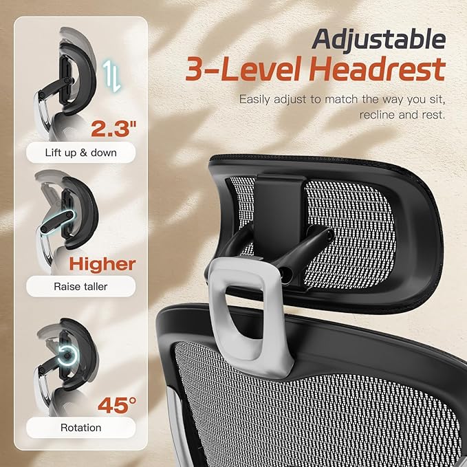 Ergonomic Home Mesh Chair with Footrest, Lumbar Height Adjustment & 215° Rotate Armrests, Recline Lock 90°–120°, High-Back Big and Tall Computer Chair, Heavy-Duty Office Chair, Black