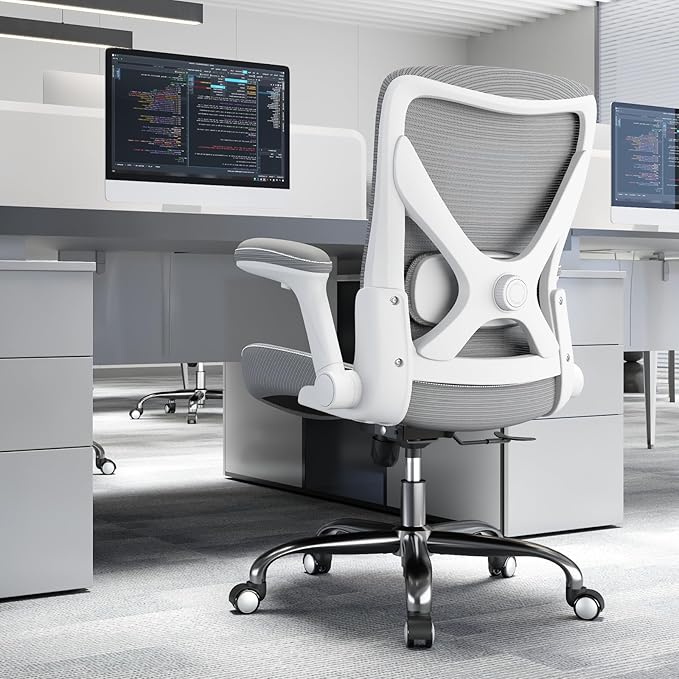 Ergalithic Office Home Ergonomic Desk Chair-Computer X-Shaped Chair Mesh PU Leather with Adjustable Lumbar Support-Executive Chair High Back Flip-Up Arms for Long Hours (White-Grey-No Headrest)