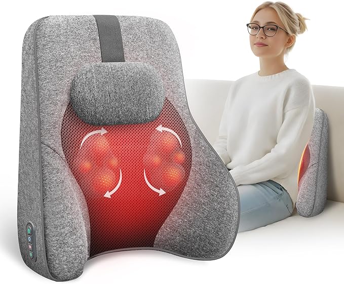COMFIER Lumbar Support Pillow for Office Chair, Lumbar Back Support with 4 Shiatsu Massage Heads & Heat, Memory Foam Lumbar Pillow for Computer Gaming Chair-Dark Gray