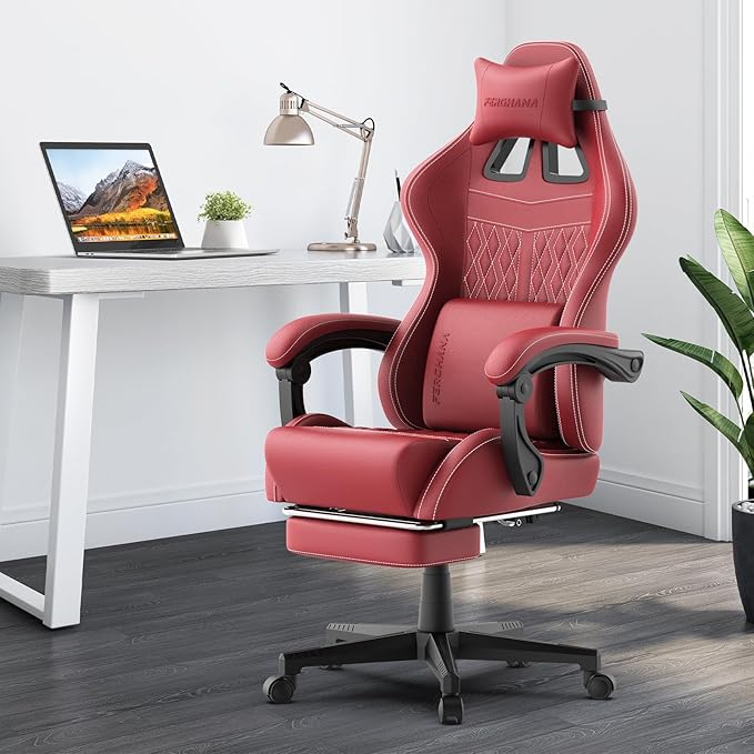 Ferghana Vintage PU Leather Gaming Chair, Ergonomic Gamer Chair with Massage, High Back Computer Office Chair with Footrest for Adults, Racing Style Reclining Video Game Chair (Red)