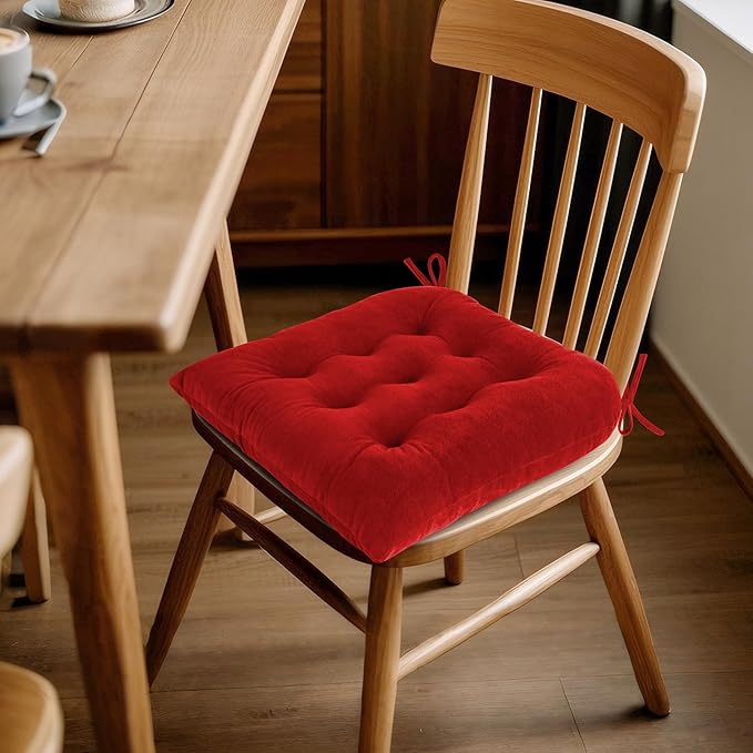ELFJOY 4 Pack Chair Cushions for Dining Chairs Chair Pads Cushion for Kitchen Office Tufted Square Seat Cushion with Ties (U Shape Red)