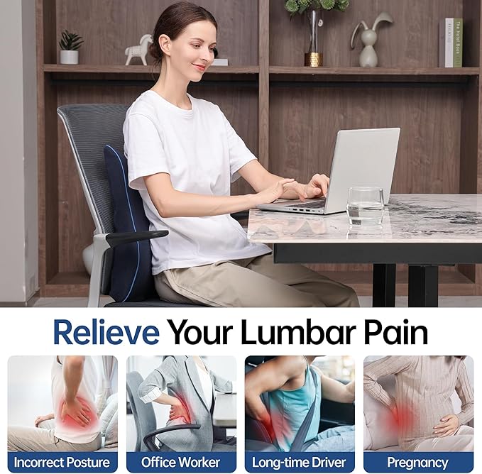 Lumbar Support Pillow for Office Chair Car Seat Gaming Chair, Memory Foam Back Support Pillow, Lumbar Cushion Back Cushion for Lower Back Pain Relief, Adjustable Strap Washable Cover-Navy Blue