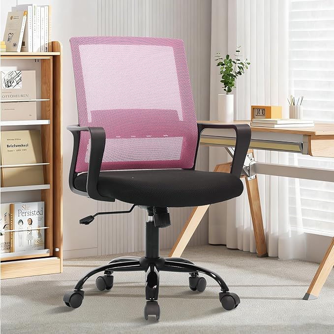Ergonomic Office Chair, Comfortable Home Desk Chair, Breathable Mesh Back Computer Chair and Lumbar Support, Adjustable Height, Sponge Seat, Pink