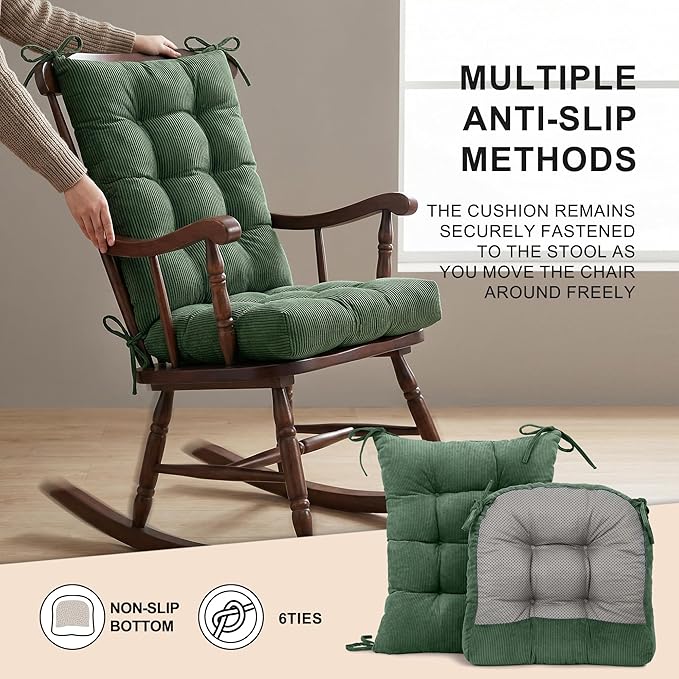 Lokex Rocking Chair Cushion Only,Tufted Non-Slip Comfortable Rocking Chair Cushions Indoor with Ties,Striped Rocking Chair Pads (Green, 28x18/18x18)