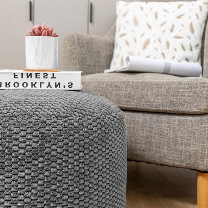 Poofieotto Pouf Ottoman Stuffed High Density Filler Velvet Floor Pouf Round Foot Stool 20 * 12 Inches Ottoman Foot Rest for Living Room, Home Decor (Dark Gray)