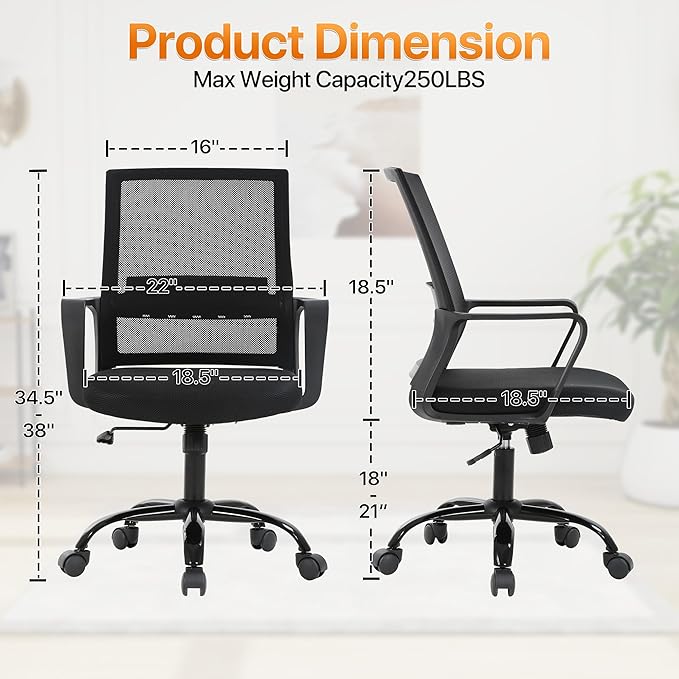 Ergonomic Office Chair, Comfortable Home Desk Chair, Breathable Mesh Back Computer Chair and Lumbar Support, Adjustable Height, Sponge Seat, Black