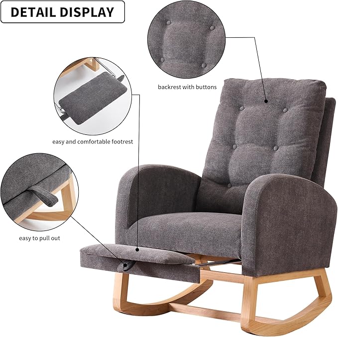 Rocking Chair with Foot Rest, Nursery Glider Teddy Gliding Rocking Chair with Retractable Footrest Rubber Wood Legs Side Pocket High Back & Wide Seat Nursing Chair for Living Room (Gray)