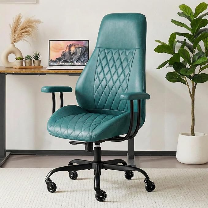 E-Motie Office Chair with Rubber Wheels, Ergonomic Computer Chair 500 lbs, Leather Desk Chair with Lumbar Support, Executive Chair Adjustable Height & Recline, Green