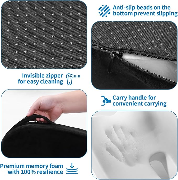 Memory Foam Seat Cushion for Office Chair & Car - Tailbone, Sciatica & Coccyx Pain Relief Butt Pillow - Ergonomic Desk Chair Pad for Long Sitting, Gaming & Travel, Black