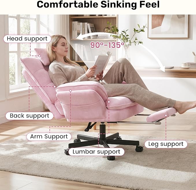 Criss Cross Office Chair with Flip-Up Armrests and Headrest, 135° Reclining Swivel Velvet Criss Cross Chair with Wheels & Foot Rest, Big and Tall Cloud Cross Legged Office Chair for Home, Pink