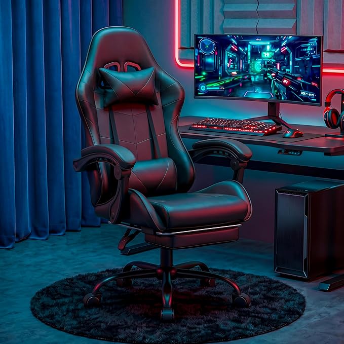 Gaming Chair, Ergonomic Computer Chair with Footrest and Lumbar Support, Height Adjustable Office Chair with 360° Swivel Seat and Headrest (Black)