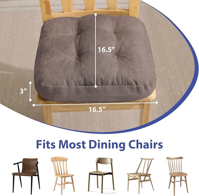 IASEAHK Chair Cushions for Dining Chairs, Dining Chair Cushions, Tufted Indoor Chair Pads with Ties & Non Slip Backing, Seat Cushions for Kitchen Chairs 16.5” x 16.5” x 3.5”, Set of 4, Light Brown