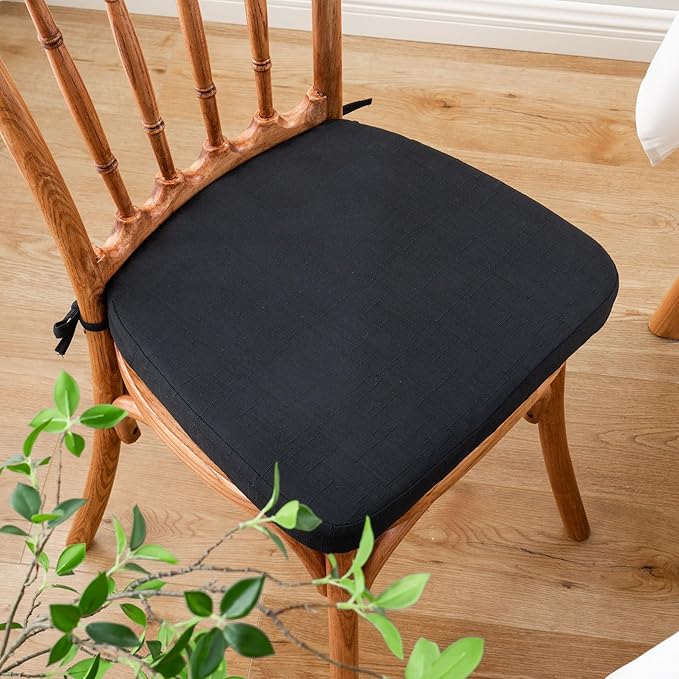 Battilo Chair Cushions for Dining Chairs with Ties, Kitchen Chair Pad with Non-Slip Backing and Removable Cover, Indoor/Outdoor Dining Seat Cushion, 16"x16"x2", Set of 4, Black
