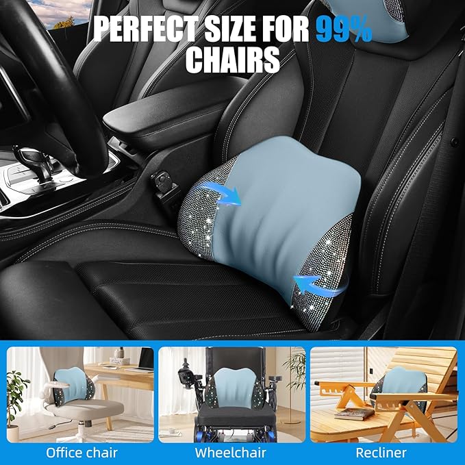 Lumbar Support Pillow with Diamond, Memory Foam Lumbar Pillow for Office Chair for Lower Back Pain Relief, Car Lumbar Support for Driving Seat, Back Support Pillow for car Chair(Blue)